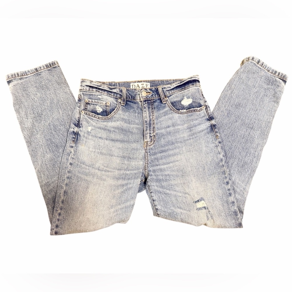 Daze Tough Love High Waisted Distressed Straight Leg Blue Jeans - Picture 4 of 5